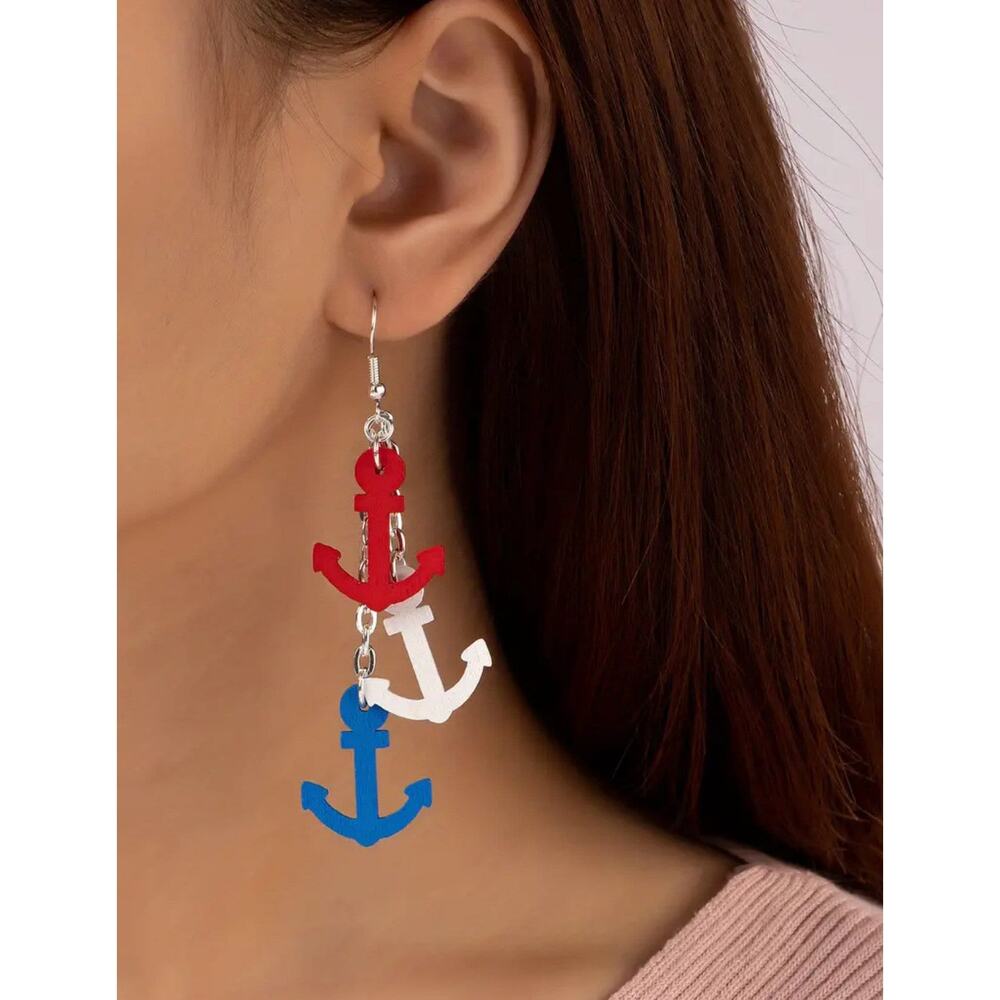 Three Anchor with Chain Dangle Earrings Red/White/Blue